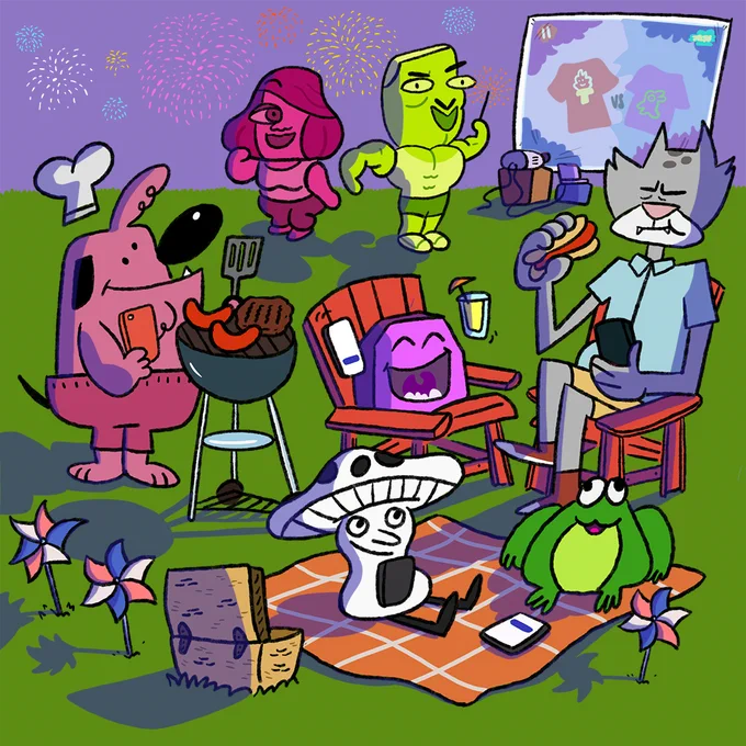 A cheery illustrated scene of assorted Jackbox characters playing Tee K.O. on a projector screen outside, grilling and eating hot dogs, sitting on a picnic blanket, and otherwise hanging out together.