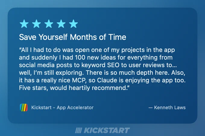 All I had to do was open one of my projects in the app and suddenly I had 100 new ideas for everything from social media posts to keyword SEO to user reviews to… well, I’m still exploring. There is so much depth here. Also, it has a really nice MCP, so Claude is enjoying the app too. Five stars, would heartily recommend.