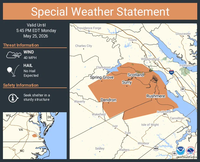 This graphic displays a special weather statement plotted on a map. The statement is in effect until 5:45 PM EDT.  The statement includes Rushmere VA, Dendron VA and  Surry VA.  The threats associated with this storm are wind gusts up to 40 MPH and no hail is expected. Seek shelter in a sturdy structure until the storm passes.