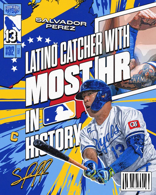 A graphic with a cutout image of Salvador Perez swinging a bat. Text on the graphic reads, "Salvador Perez, Latino Catcher with Most HR in MLB History."