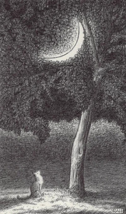 “Stopping By for a Rest and a Visit”
giclée art print 

The crescent moon takes a break from its celestial journeys to rest in the arms of an accommodating tree. Whilst taking a rest it visits with a favourite earthling: a cat. The cat sits at the base of the tree in a pool of moonlight and stares up at his friend.