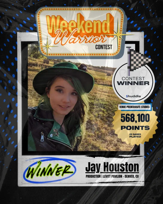 A selfie of the Weekend Warrior contest winner, showcasing Jay Houston with a confident smile and a stylish hat. Their achievement in the contest is highlighted with a high score and venue information.
