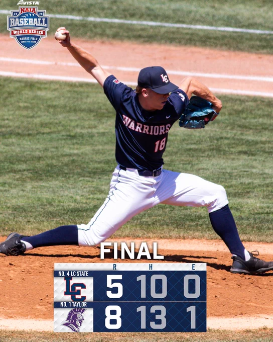 LC State baseball player with with a final score graphic down below