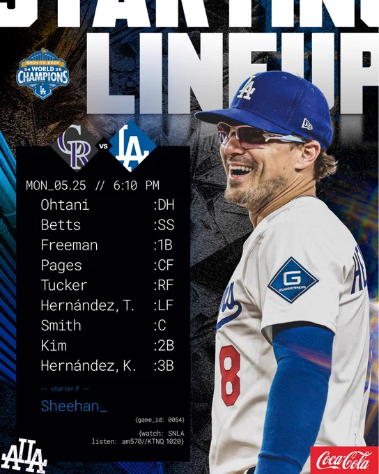 Tonight’s Dodgers lineup vs. Rockies:
Ohtani DH
Betts SS
Freeman 1B
Pages CF
Tucker RF
Hernández, T. LF
Smith C
Kim 2B
Hernández, K. 3B
Sheehan P