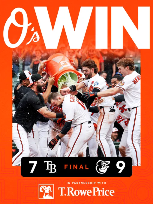 O’s WIN!

Rays - 7
Orioles - 9

The graphic features an image of players celebrating another walk-off win at Oriole Park. They are wearing white Orioles uniforms.