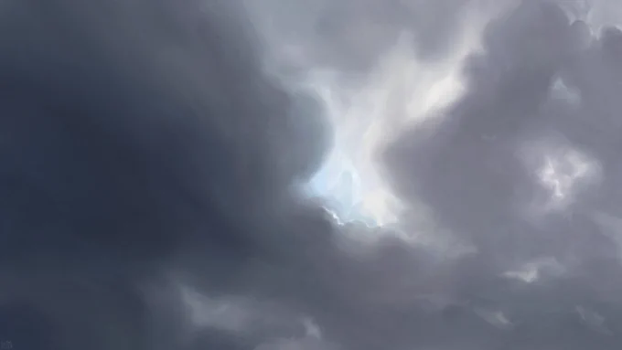 Digital painting of a cloudy sky: the clouds are dark, fuzzy, largely uninterrupted, with soft edges. There is a gap around the center of the frame through which white light is glowing, diffusing through some smaller openings as well.