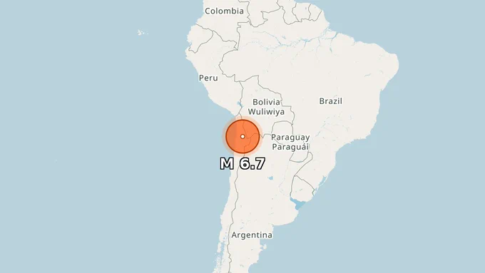 Map showing epicenter of M 6.7 earthquake in 16 km ESE of Calama, Chile, depth 120 km.