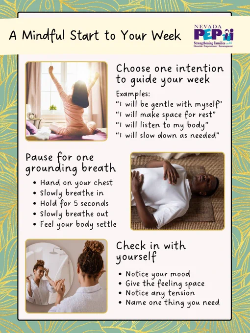 Mindful start to your week with photos, including choosing an intention, pausing for grounding breath, and checking in with youself.
