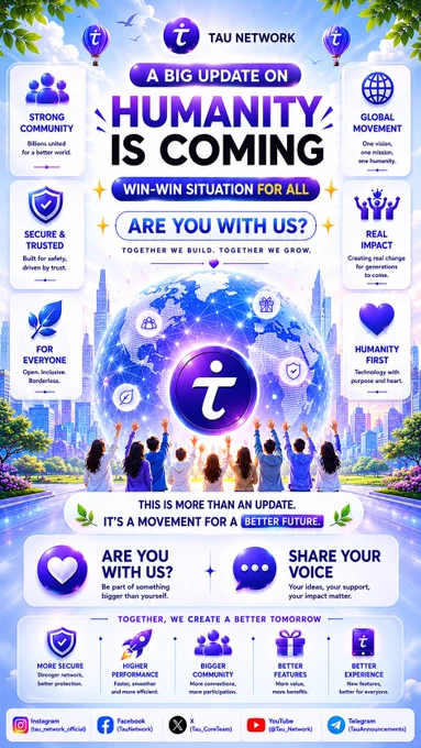 🌍 A BIG UPDATE ON HUMANITY IS COMING 💜
😃Win-Win Situation For All😇

Not just an update.
A transformation powered by people, community, and purpose. 🚀

✨ Humanity First
✨ Built for everyone
✨ Stronger community
✨ Better future

Together, we create tomorrow.

🤝 Are you with us?

#TauNetwork #HumanityFirst #WinWinSituation #Web3 #Blockchain #CryptoCommunity #MineTau
