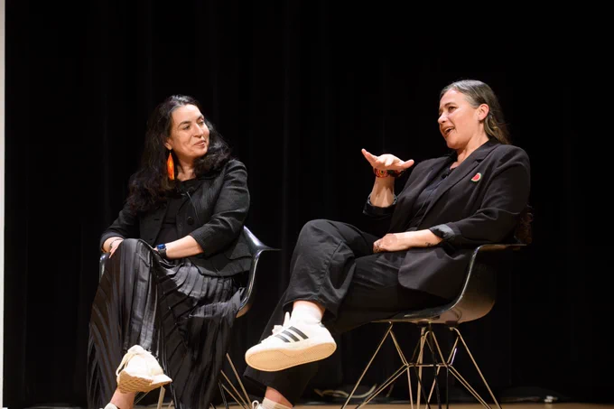 katherena vermette, and Tanya Talaga seated on stage. 