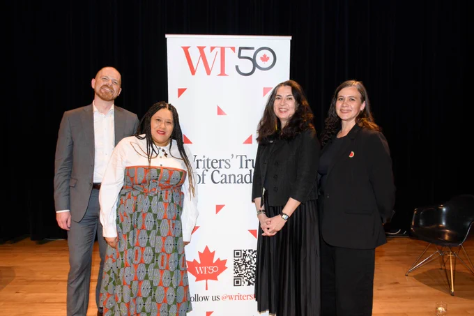 Event Moderator, Zilla Jones,  katherena vermette, and Tanya Talega pose in front of a Writer's Trust of Canada banner. 
