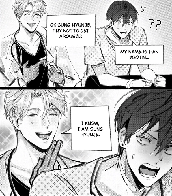 My S class Hunters fancomic based off a prost8 exam meme: 
the first panel depicts han yoojin assuming sung hyunje is speaking to him: "ok sung hyunje, try not to get aroused" in which han yoojin replies, "my name is han yoojin..."
in the second panel, sung hyunje reveals he was actually speaking to himself: "i know, I am sung hyunje."