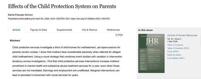 Effects of the Child Protection System on Parents
Marie-Pascale Grimon
Published online before print April 08, 2026, 0424-13537R2; DOI: https://doi.org/10.3368/jhr.0424-13537R2

Abstract
Child protective services investigate a third of child-homes for maltreatment, yet repercussions for parents remain unclear. I show that mothers face considerable adversity when referred for alleged child maltreatment. Using a novel strategy that combines event studies with variation in intervention tendency across investigators, I find that child protective services interventions increase mothers’ enrollment in mental health and substance abuse treatment services for a year, even when those services are not mandated. Earnings and employment are unaffected. Marginal interventions can lead to persistent involvement with social services for years.