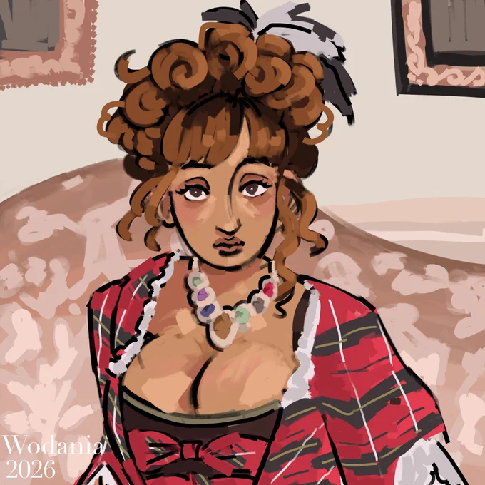 a rough painting of a photo of pinkpantheress. she sits on a cream coloured couch wearing a red plaid gown with her hair piled up on her head. she wears feathers in her hair and a large necklace with multiple stones. she looks into the camera with a neutral expression.