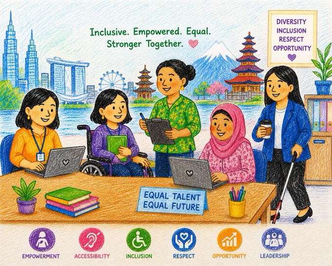 Women with Disabilities in the Workforce (Crayon Illustration)
A colorful crayon-style illustration shows a group of Asian women with disabilities gathered around a large wooden table in a bright, welcoming workplace. The atmosphere feels warm, collaborative, and hopeful. In the center, a woman wearing a green floral kurta smiles while holding a clipboard, appearing to lead a discussion. Around her, other women work together with laptops, notebooks, and coffee cups spread across the table. One woman uses a wheelchair and holds a green notebook while listening attentively. Another woman wearing a pink hijab works on a laptop with a calm smile. A blind woman stands nearby with a white cane and takeaway coffee, confidently participating in the space.
The background softly blends recognizable Asia-Pacific-inspired landmarks, including modern city skylines, pagoda-style architecture, mountains, and greenery. The textured crayon strokes give the image a handmade, childlike warmth that feels 