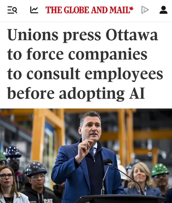 Globe and Mail headline about unions pushing for worker consultation before companies adopt AI