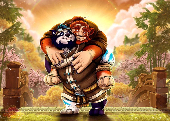 A full illustration of a pandaren lifting the second pandaren onto their back with both of them giving loving smiles at each other.