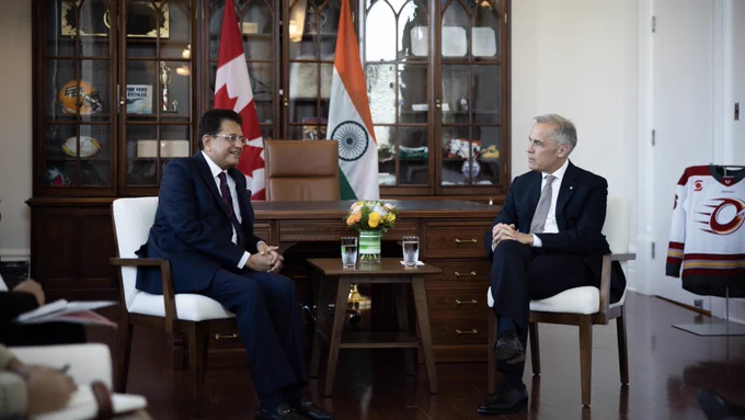 Prime Minister Carney meets with the Indian Minister of Commerce and Industry, Piyush Goyal, in Ottawa, Ontario.