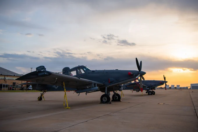 Air Force Special Operations Command OA-1K Skyraider IIs await preflight inspections on the Will Rogers Air National Guard Base flightline, Oklahoma City, March 31, 2026. The OA-1K Skyraider II is a dynamic aircraft with adaptive capabilities tailored for close air support, precision strike, surveillance and reconnaissance mission sets, providing the 137th Special Operations Wing the leverage to support operations anytime, anywhere. (U.S. Air National Guard photo by Staff Sgt. Erika Chapa)