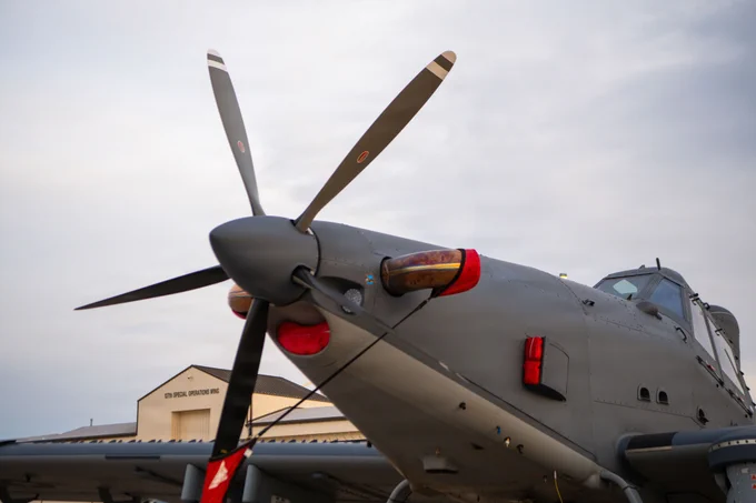An Air Force Special Operations Command OA-1K Skyraider II awaits preflight inspections on the Will Rogers Air National Guard Base flightline, Oklahoma City, March 31, 2026. The OA-1K Skyraider II is a dynamic aircraft with adaptive capabilities tailored for close air support, precision strike, surveillance and reconnaissance mission sets, providing the 137th Special Operations Wing the leverage to support operations anytime, anywhere. (U.S. Air National Guard photo by Staff Sgt. Erika Chapa)