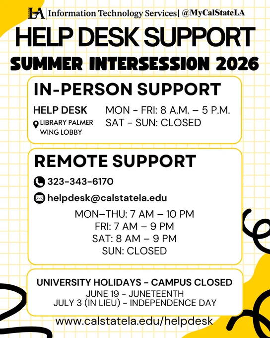 Help Desk Support info for Summer Intersession 2026 with in-person hours Mon-Fri 8am-5pm at Library Palmer Wing Lobby, closed weekends.
