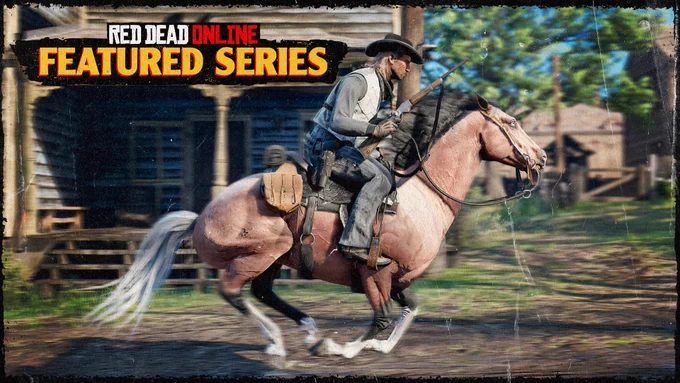 Red Dead Online Featured Series poster featuring a Red Dead Online character on horseback galloping through a town. 
