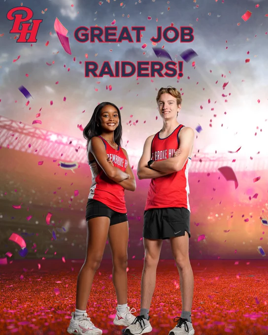 Two team members in red uniforms stand on a field with confetti, celebrating and smiling at the camera. The mood is festive and triumphant.