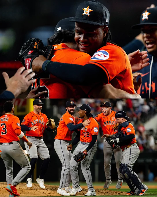 (Top) Alimber Santa hugs his teammate wearing orange Astros jerseys and navy caps.
(Bottom) The Astros celebrate on the field wearing orange Astros jerseys and navy caps.