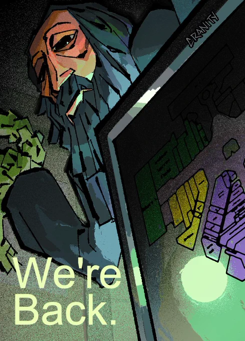 Illustration of the rolling giant from the oldest view. We are looking at him from behind the corner of a mall directory kiosk, the giant looming over it. The mall is dark, and only the light coming from our point of view (likely from a flashlight) us shining onto the kiosk and the giant from below. 