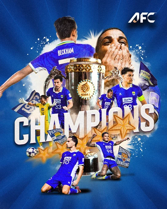 A dynamic collage celebrating Persib Bandung's championship victory, featuring players, the trophy, and cheering fans. The vibrant image exudes excitement and pride.