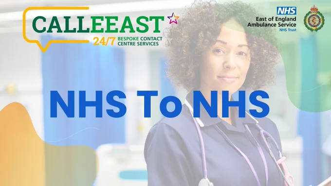 NHS staff member wearing a stethoscope promoting NHS To NHS support services at CallEast 24/7 contact centre.