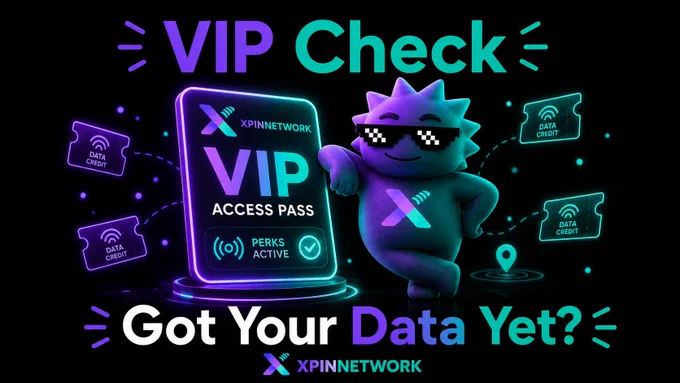 XPIN mascot in sunglasses leaning on a glowing VIP access pass, surrounded by floating data credit tickets, with the text VIP Check and Got Your Data Yet?