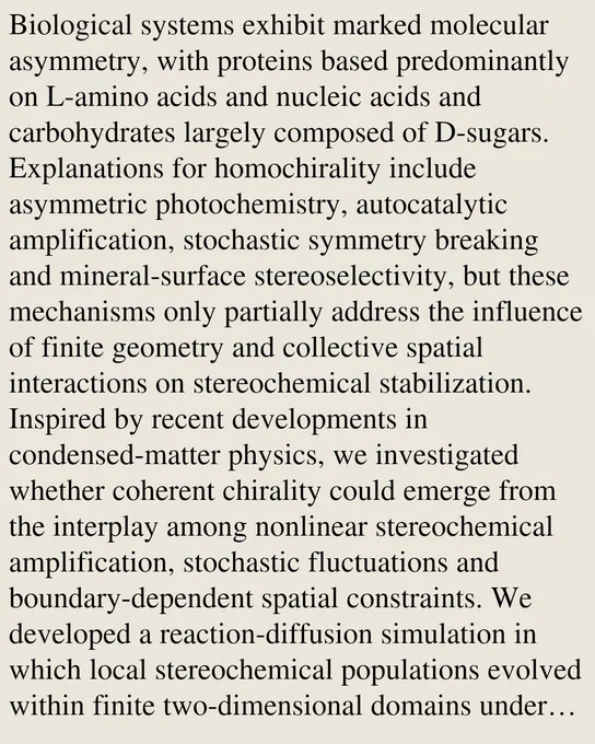 Biological systems exhibit marked molecular asymmetry, with proteins based predominantly on L-amino acids and nucleic acids and carbohydrates largely composed of D-sugars. Explanations for homochirality include asymmetric photochemistry, autocatalytic amplification, stochastic symmetry breaking and mineral-surface stereoselectivity, but these mechanisms only partially address the influence of finite geometry and collective spatial interactions on stereochemical stabilization. Inspired by recent developments in condensed-matter physics, we investigated whether coherent chirality could emerge from the interplay among nonlinear stereochemical amplification, stochastic fluctuations and boundary-dependent spatial constraints. We developed a reaction-diffusion simulation in which local stereochemical populations evolved within finite two-dimensional domains under spatial coupling and weak geometrical bias fields. Our model combined bistable autocatalytic dynamics, nearest-neighbor interactio