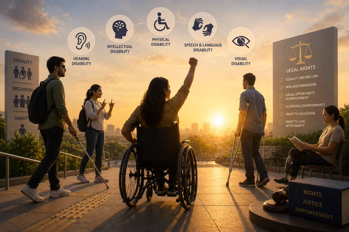 Illustration of a diverse group of persons with disabilities—including wheelchair users, a blind person with a white cane, a person using crutches, and a Deaf individual using sign language—standing together at sunset, with visual icons representing different disabilities and legal rights such as equality, inclusion, accessibility, and dignity.