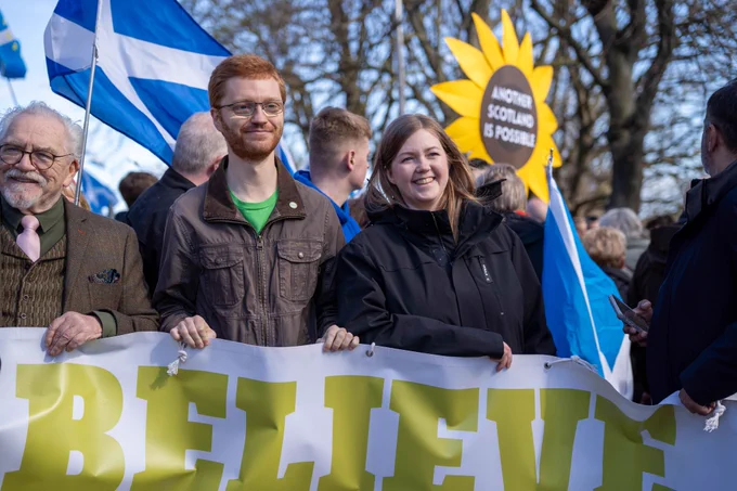 Greens leaders with Brian Cox marching for Scottish independence. 
