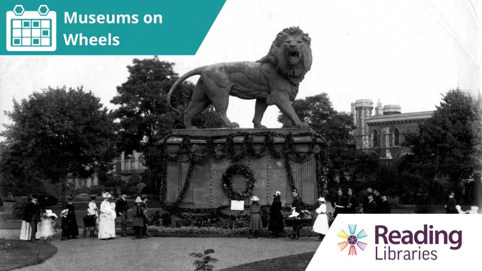 A stone lion statue on a pedestal, with people gathered around it. "Museums on Wheels" and "Reading Libraries" logos are visible.