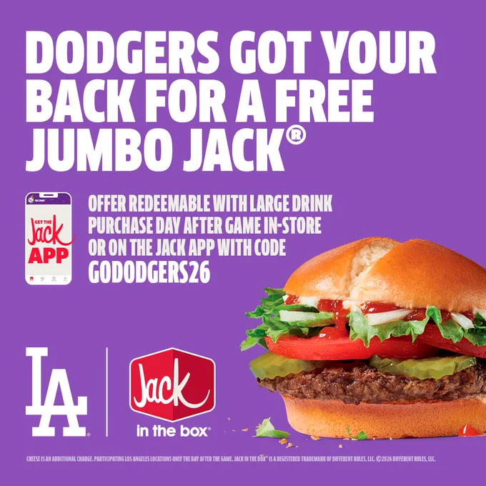 Dodgers got your back for a free Jumbo Jack. Offer redeemable with large drink purchase day after game in-store or on the Jack app with code GODODGERS26. Cheese is an additional charge. Participating Los Angeles locations only the day after the game. Jack in the Box is a registered trademark of different rules, LLC.