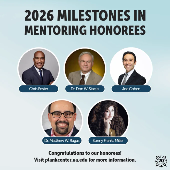 "2026 Milestones in Mentoring Honorees: Five individuals, each in a circular frame with names below, on a light blue background. Congratulations message at the bottom."