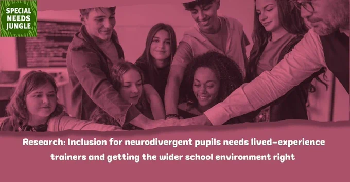 image shows young people and teacher with their arms outstretched with hands on top of each other, colourised in mauve