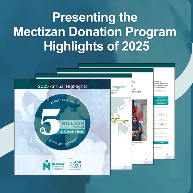 Sample pages of a document. Headline text reads Presenting the Mectizan Donation Program Highlights of 2025