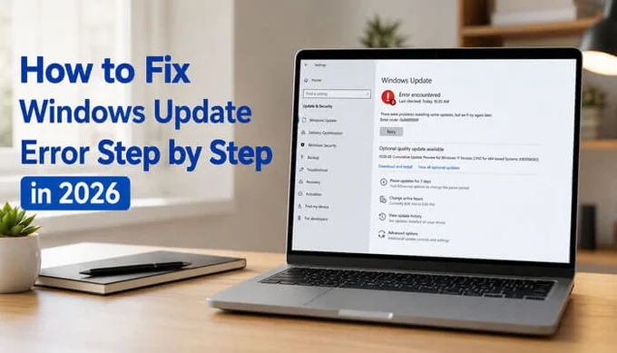 How to Fix Windows Update Error Step by Step in 2026 banner showing a laptop displaying Windows Update error screen on a desk in a modern workspace .
