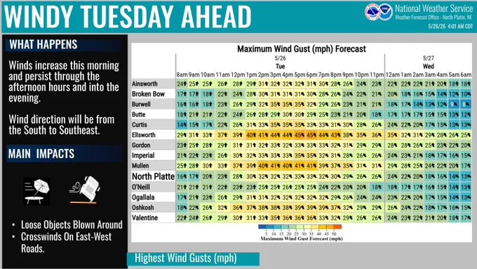 Winds increase this morning and persist through the afternoon hours and into the evening. Wind direction will be from the South to Southeast. Impacts include loose objects blowing around and crosswinds on east west roads. Maximum wind gusts this afternoon may reach 35 to 45 miles per hour, with gusts of 25 miles per hour lasting past midnight. 
