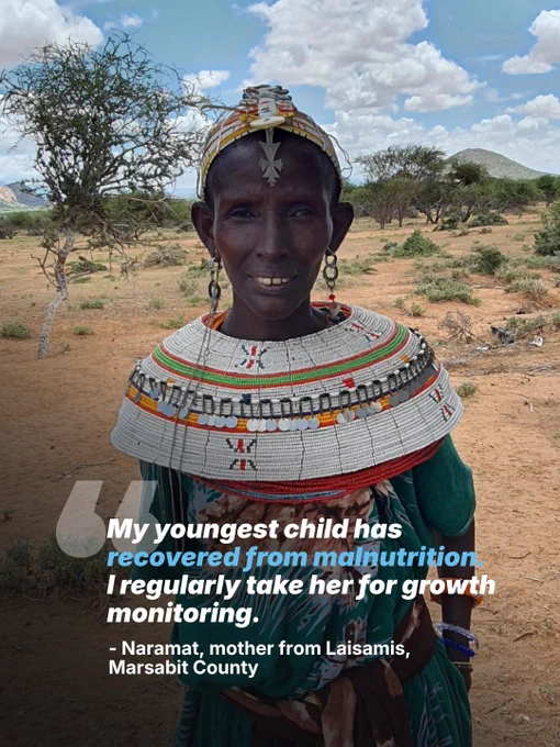 Naramat, mother of 7 in Laisamis, Marsabit County, Kenya, has brough her youngest child to a nutrition centre, supported by the NGO Concern, supported by the Kenya Humanitarian Fund. Her child recovered from malnutrition and keeps attending monitoring visits.