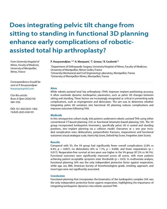 Bone & Joint Open. Abstract text for article titled 'Does integrating pelvic tilt change from sitting to standing in functional 3D planning enhance early complications of robotic-assisted total hip arthroplasty?'.
