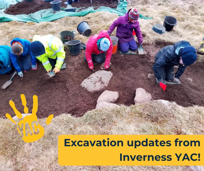 Six young people digging in a pit on an archaeological dig. Text at the bottom of the picture says "Excavation updates from Inverness YAC!"