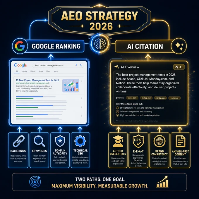 Two strategies, one goal. Ranking on Google and being cited by AI search reward different signals — but the practitioners winning in 2026 are building for both simultaneously through AEO.