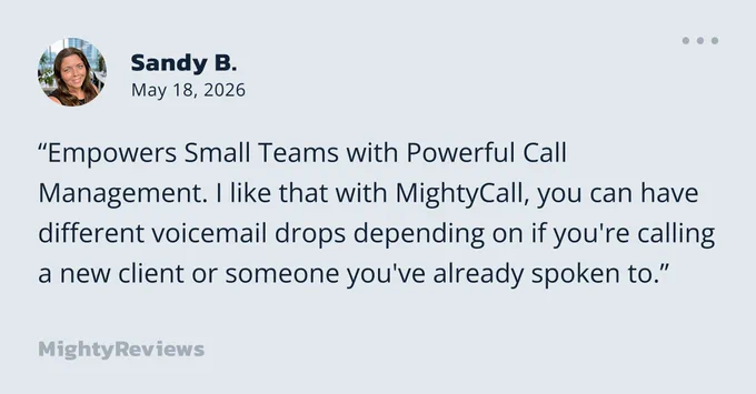 Light gray review design with a testimonial about personalizing calls with different voicemail messages.