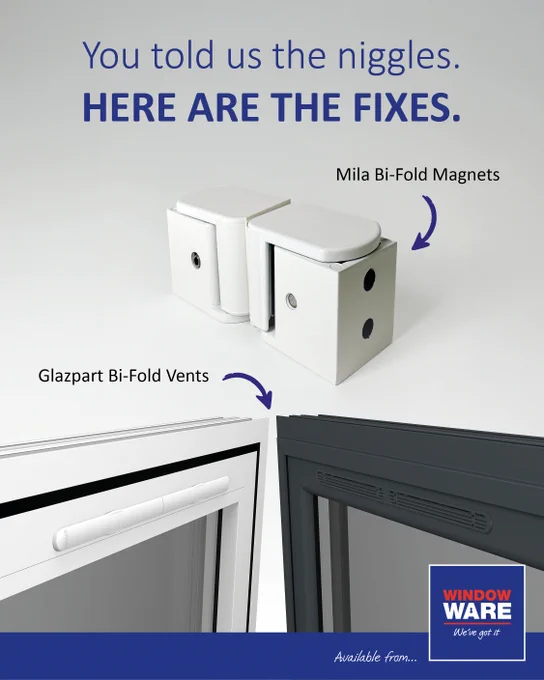 Mila Bi-Fold Magnets and Glazpart Bi-Fold Vents shown as solutions for bi-fold door fabrication issues - available now at Window Ware