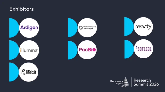 Logos of exhibitors Aridgen, Illumina, Lifebit, Oxford Nanopore Technologies, PacBio, Revvity, and Softcat on a dark background.
