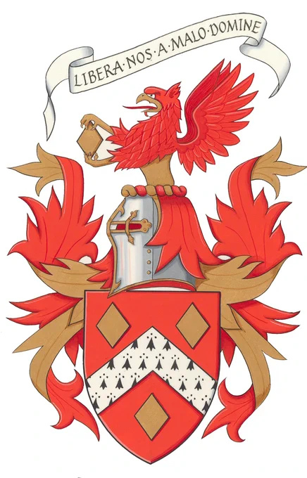 Blazon: Gules a chevron Ermine between three lozenges Or.